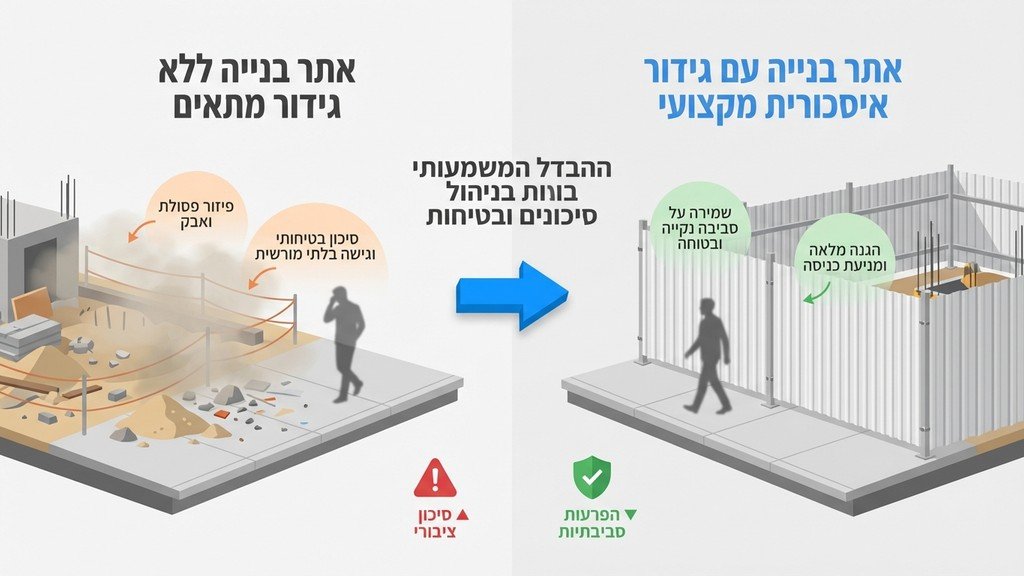 אתר בנייה מוקף גדר איסכורית אטומה וגבוהה המפרידה אותו מהרחוב