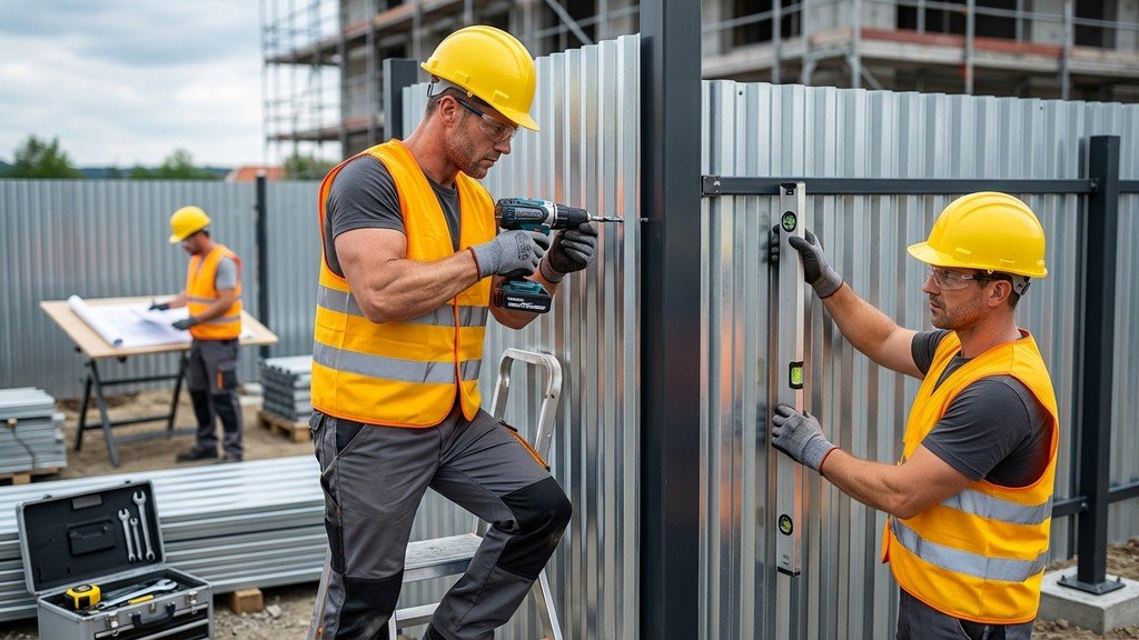 צוות מתקינים מרכיב לוחות גדר איסכורית על גבי קונסטרוקציית מתכת