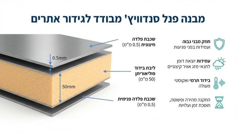 חתך צד של גדר פנאל מבודד המציג את שכבות הפח והבידוד