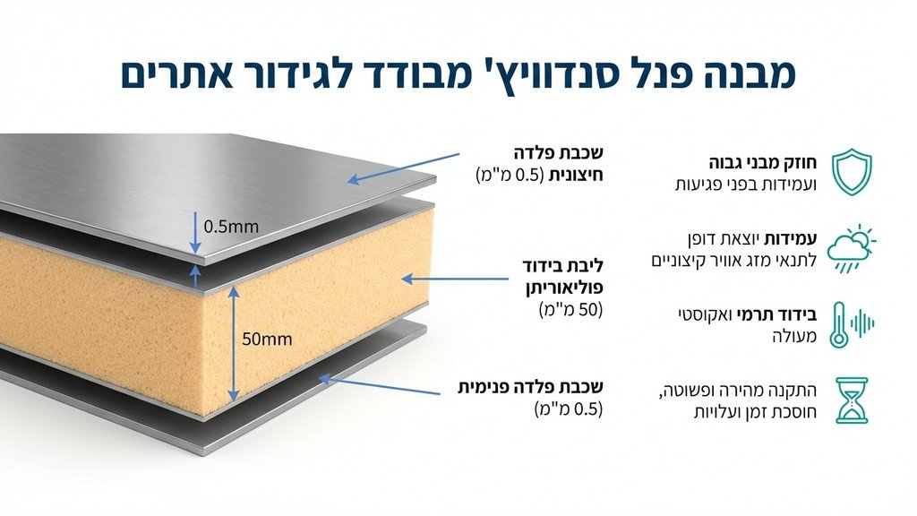 חתך צד של גדר פנאל מבודד המציג את שכבות הפח והבידוד