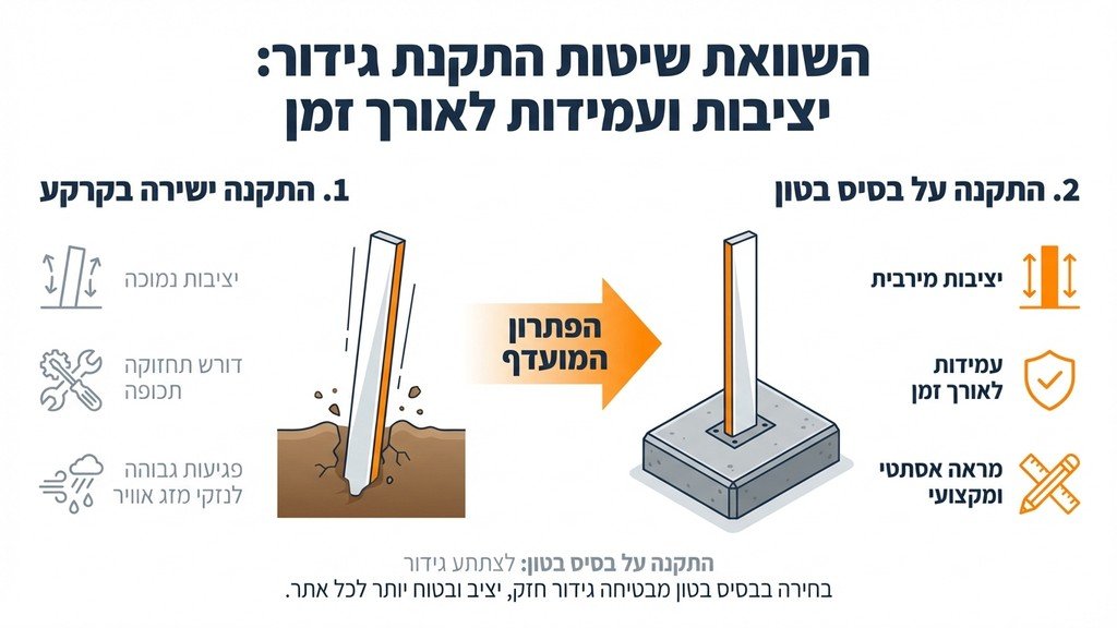 צוות מתקינים מרכיב גדר פנאל על גבי בסיס בטון באתר בנייה