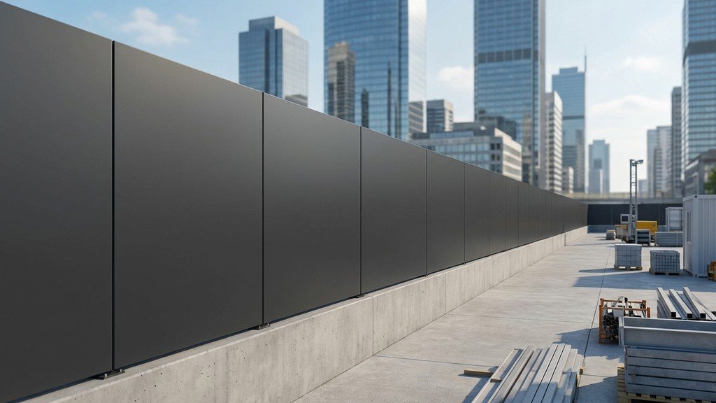 חזית אתר בנייה עם גדר פנאל אסתטית ונקייה בסביבה עירונית