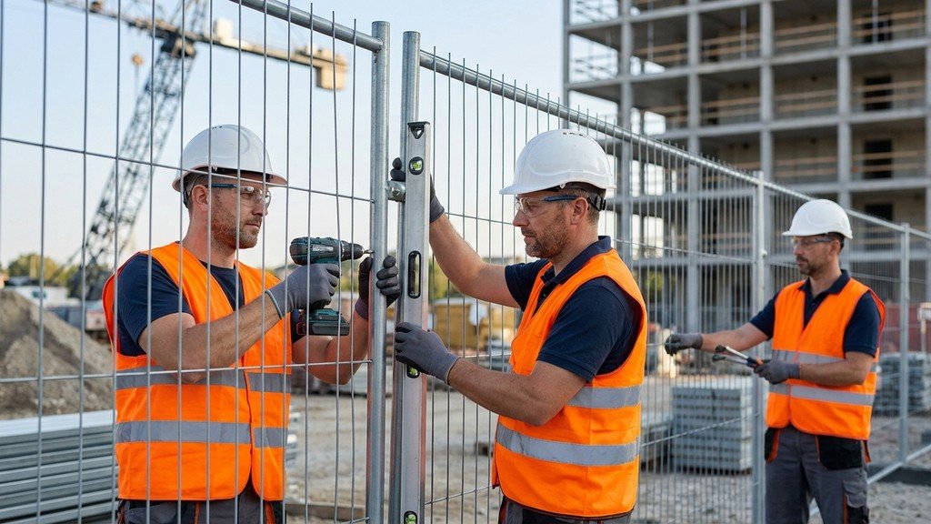 צוות מתקין גדר באתר בנייה בחיפה עם ציוד בטיחות מלא