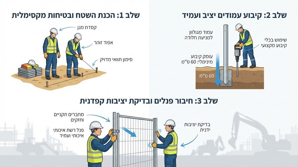 צוות מתקינים מקצועי מבצע הקמת גדרות לאתר בנייה