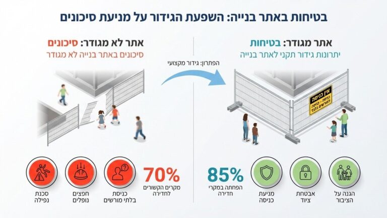גדר זמנית ממתכת המקיפה אתר בנייה פעיל עם שילוט אזהרה