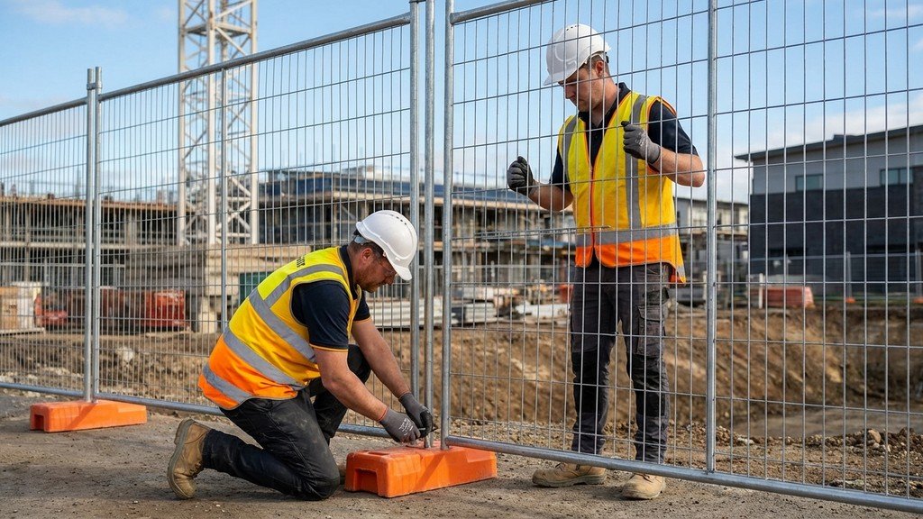 צוות מקצועי מתקין גדר זמנית באתר בנייה עם ציוד בטיחות