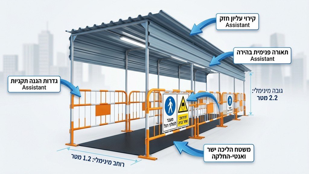 מעבר בטוח להולכי רגל באתר בנייה עירוני עם גדר איסכורית וקירוי מגן