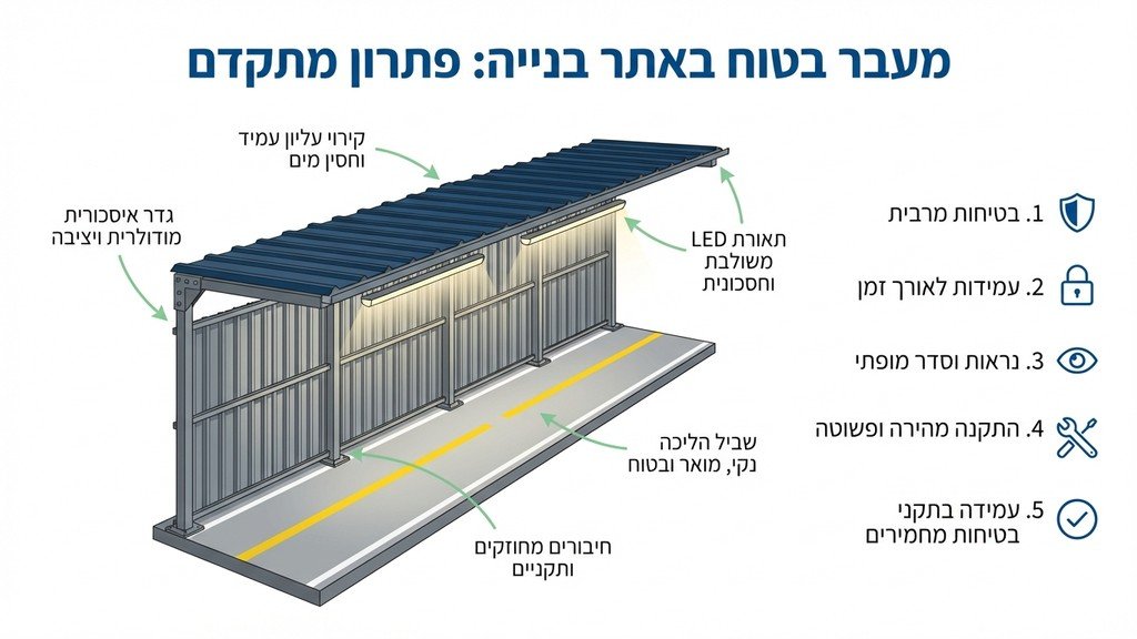 תקריב של קונסטרוקציית מעבר בטוח עם גדר אטומה ותאורה