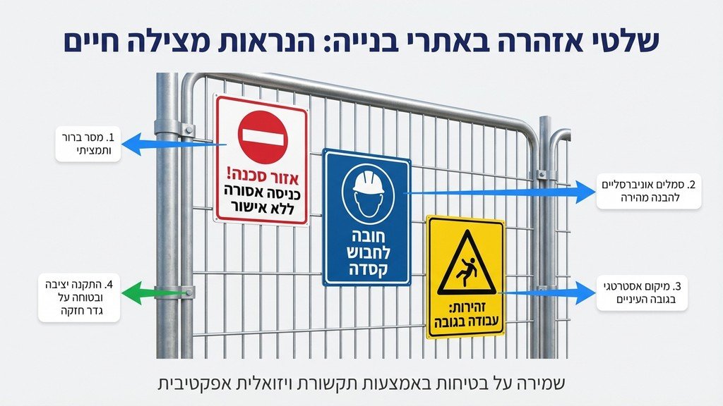 שילוט אזהרה בטיחותי על גדר אתר בנייה