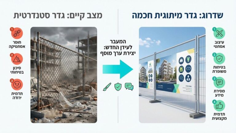 השוואה ויזואלית בין גדר אתר בנייה רגילה ומוזנחת לבין גדר מדברת ממותגת ונקייה