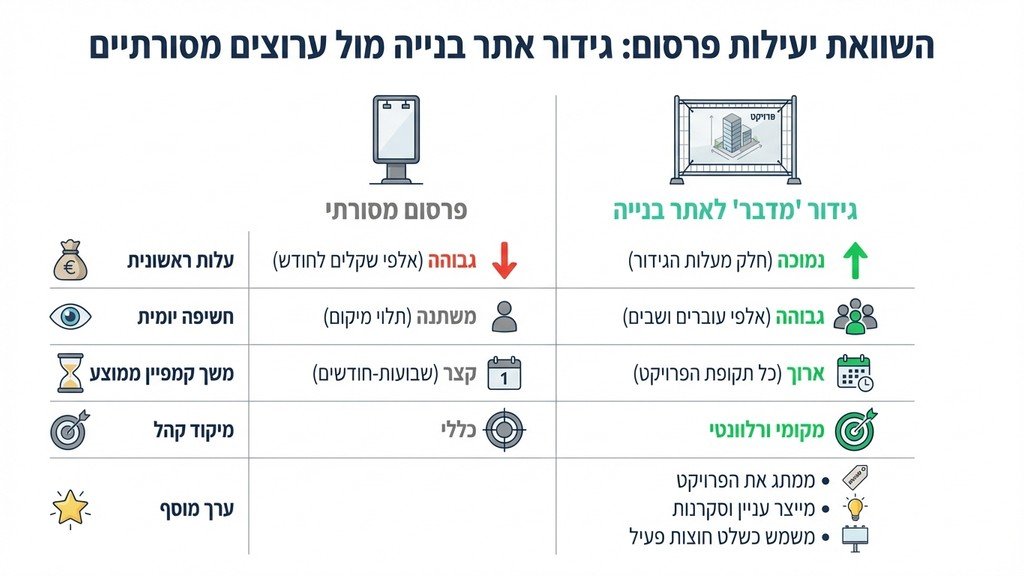 גדר מדברת מתפקדת כשלט פרסום ענק באתר בנייה עירוני