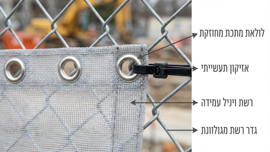 תקריב של התקנת גדר מדברת עם טבעות חיזוק ואזיקונים