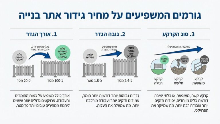 מדידה ותכנון של תוואי שטח לגידור אתר בנייה, המציג גורמים המשפיעים על המחיר