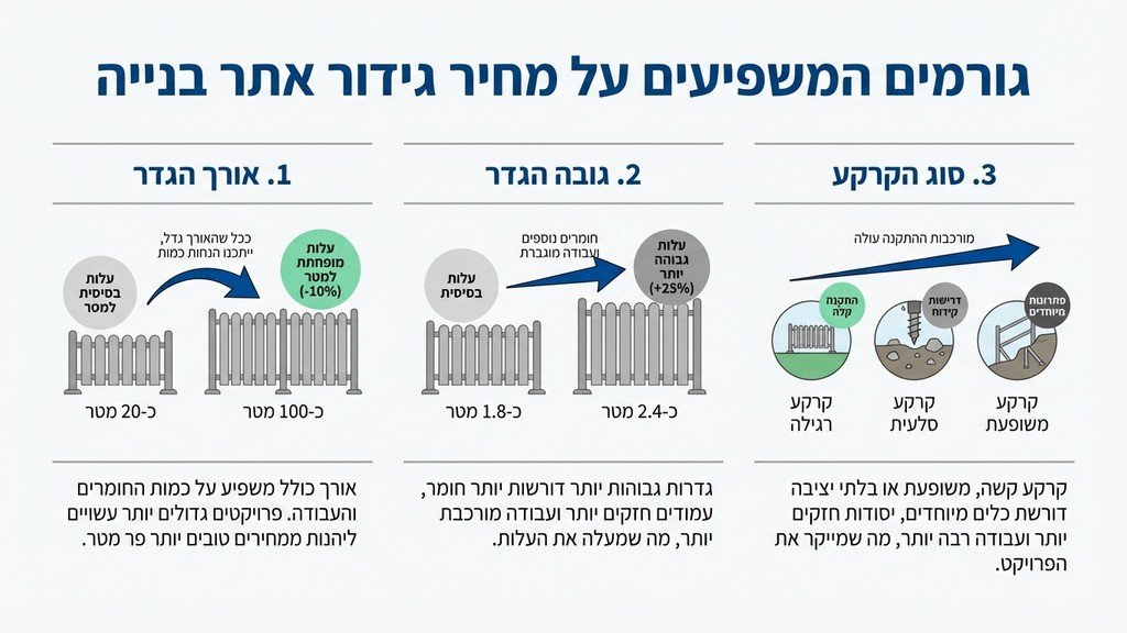 מדידה ותכנון של תוואי שטח לגידור אתר בנייה, המציג גורמים המשפיעים על המחיר