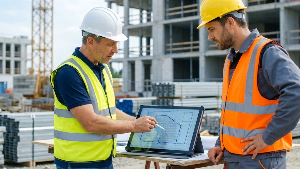 מנהל פרויקט וקבלן גידור עוברים על תוכניות אתר בנייה לצורך הצעת מחיר