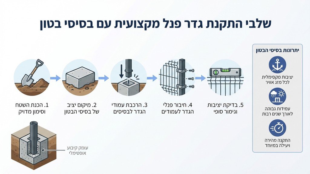 צוות מקצועי מבצע הקמת גדר באתר בנייה עם בסיסי בטון ליציבות