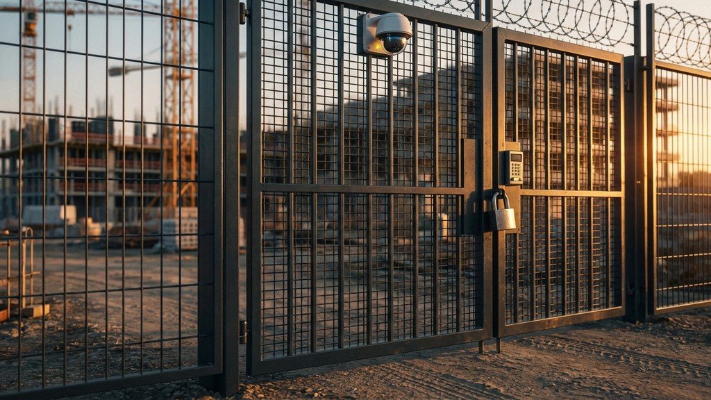 שער כניסה מאובטח לאתר בנייה עם מנעול ואמצעי בטיחות