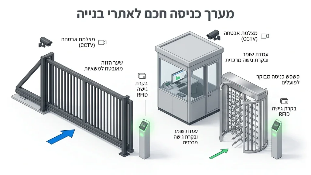 שער כניסה מבוקר לאתר עבודה הכולל עמדת שומר מסודרת