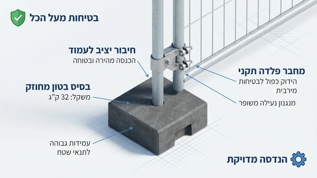 בסיסי בטון וחיבורים תקניים המעניקים יציבות לגדרות זמניים