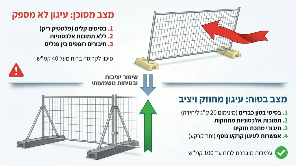 עיגון ויציבות של גדרות זמניות באמצעות בלוקים כבדים