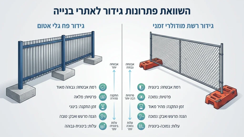 השוואה ויזואלית בין סוגי גידור לאתרי בנייה